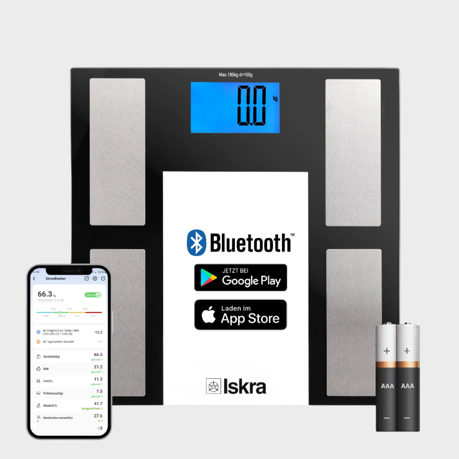 Iskra Körperanalysewaage, Bluetooth, LCD Anzeige, 150 kg